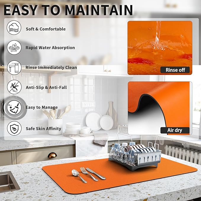 HotLive Dish Drying Mat for Kitchen Counter, Heat Resistant Drainer Mats with Non-slip Rubber Backed, Hide Stain Kitchen Super Absorbent Draining Mat, Easy to Clean Dish Rack Pad, Orange 16"x20"