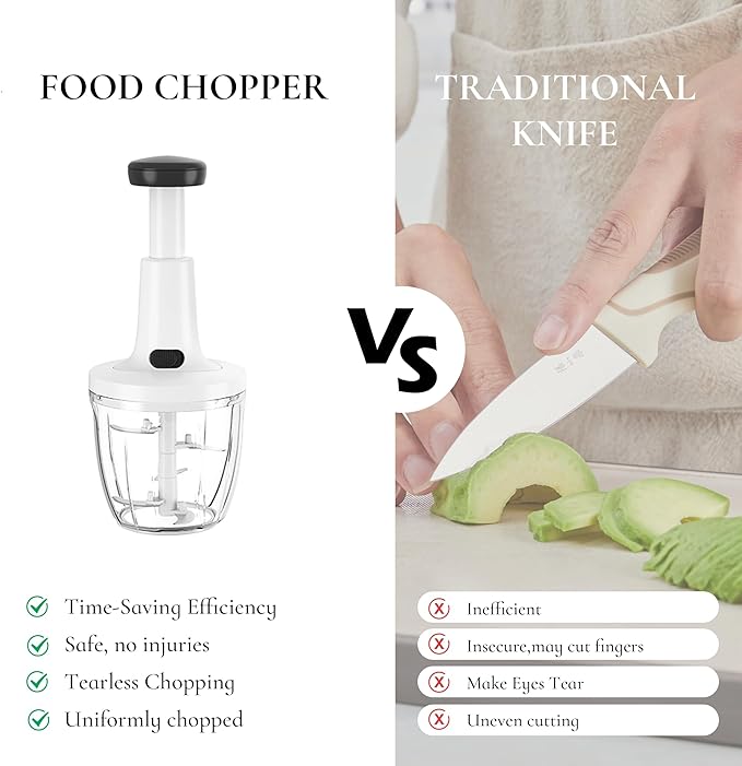 Manual Food Chopper Hand Push Express Vegetable Dicer Mincer Sharp Blades Onion Cutter Garlic Mincer with Container for Chili Meat Nuts Herbs, Dishwasher Safe