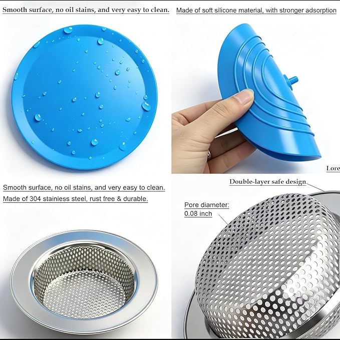 4PCS Kitchen Sink Strainer Stopper Kit, Universal Silicone Sink Drain Plug Cover