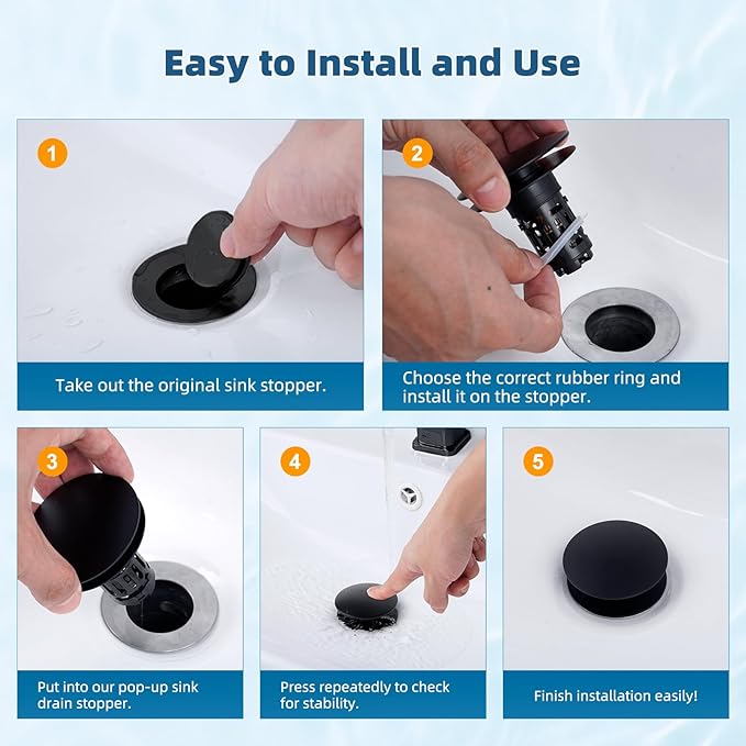 Hibbent 2 Pack Upgraded 3 in 1 Bathroom Sink Drain Strainer, Pop Up Sink Stopper with Big Push Cap, Anti-Clogging Metal Filter Basket,Sink Plug with Hair Catcher for 1.1''~2.36'' Basin, Matte Black