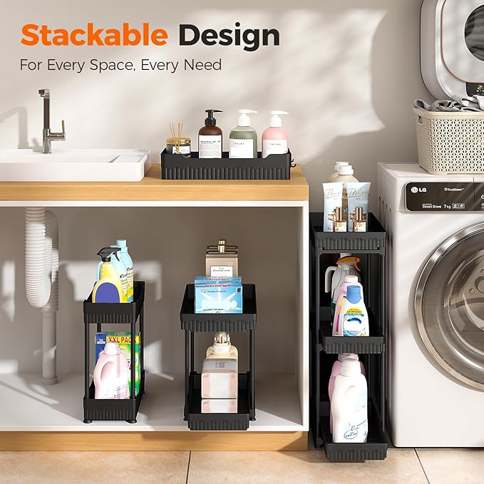Sevenblue 3 Pack Under Sink Organizer, 2 Tier Slide Out Bathroom Cabinet Organizer, Multi-Purpose Storage Shelf for Kitchen, Black, 14.8Inch