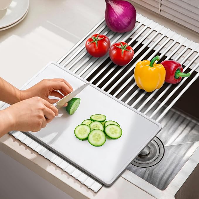 Hanzenma Roll Up Dish Drying Rack - Over The Sink, Multipurpose Foldable Sink Drying Mat, Heat-Resistant, Anti-Slip & Anti-Rust, 17" x 13", White