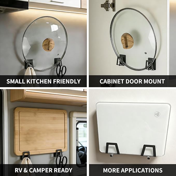 6 Pack Pot Lid Holders with Hook, Pot and Pan Hangers for Kitchen Inside Cabinet Wall Mount Rack Cabinet Door Lid Organizer, Save More Space, Black