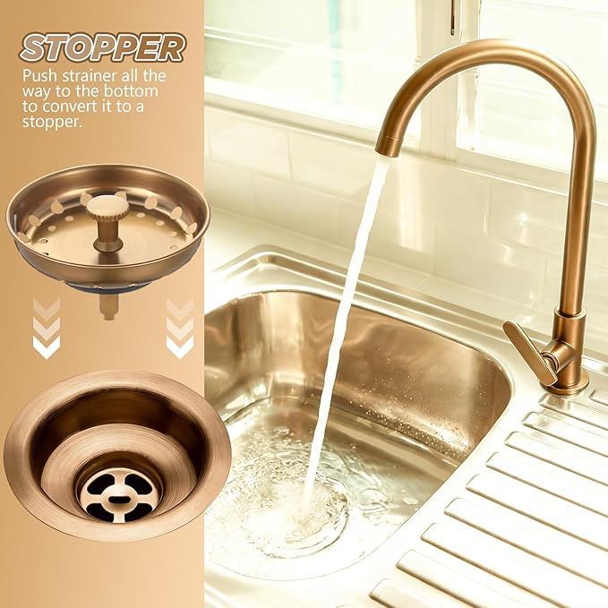 Retisee 2 Pcs Kitchen Sink Stopper Strainer Stainless Steel Drain Strainers for Universal 3-1/2 Inch Kitchen Sink Drain Replacement (Champagne Brown)