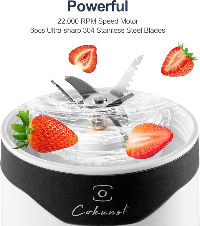 COKUNST Portable Blender, USB Rechargeable Personal Size Blenders, Smoothie Blender with 6 Blades for Protein & Shakes, Mini juicer with Extra Handle Lid for Travel Sports Outgoing, 18oz, Matte Back