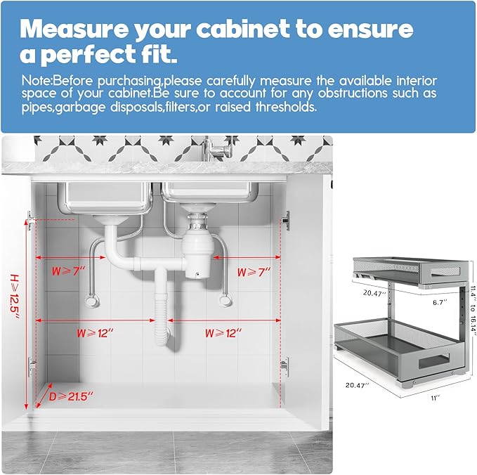 2 Pack 20.47IN Depth Under Sink Storage Organizer, Large 2-Tier Elegant Mesh Pull Out Shelf for Kitchen and Bathroom Cabinet Organization
