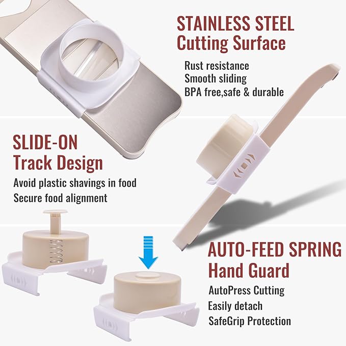 NACOLUS 6-Blade Mandoline Slicer with Slide-On Hand Guard - Vegetable Slicer, Carrot Shredder,Safe Potato/Garlic Slicer Vegetable Cutter, Waffle Fry Cutter (Beige, 6-in-1)
