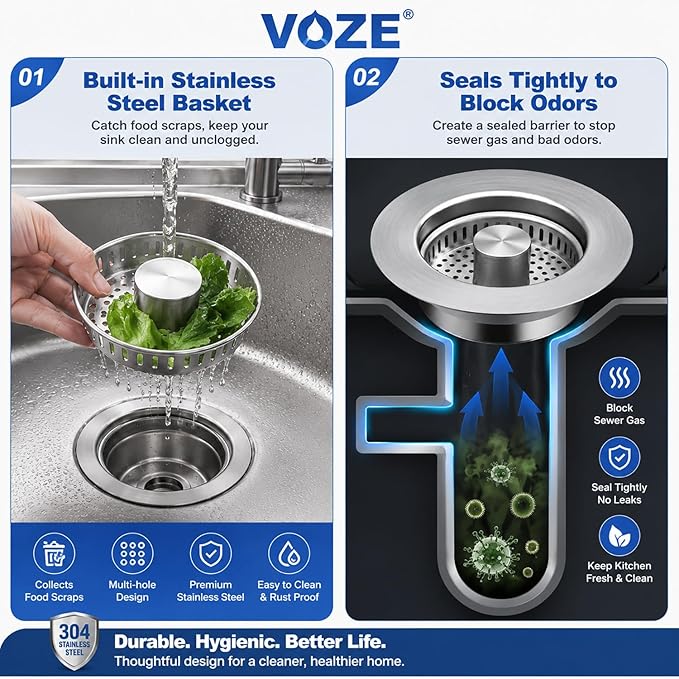 2 Pack Kitchen Sink Drain Strainer & Stopper with Basket, Stainless Steel Drain Plug Cover Catcher for Food Waste - Sink Accessories for Home or Kitchen Sink Shroom Fit US Standard 3-1/2'' Drain Hole