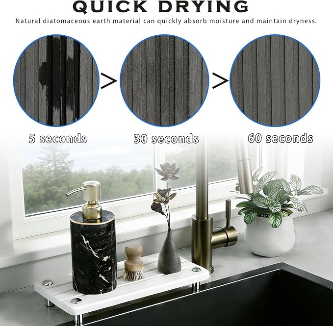 2PCS Instant Dry Sink Caddy for Bathroom Counter, Durable Kitchen Sink Organizer, Diatomite Stone Drying Tray, Upgrade Water Absorbing Stone Tray for Sink, Anti-Slip Stone Soap Tray -White