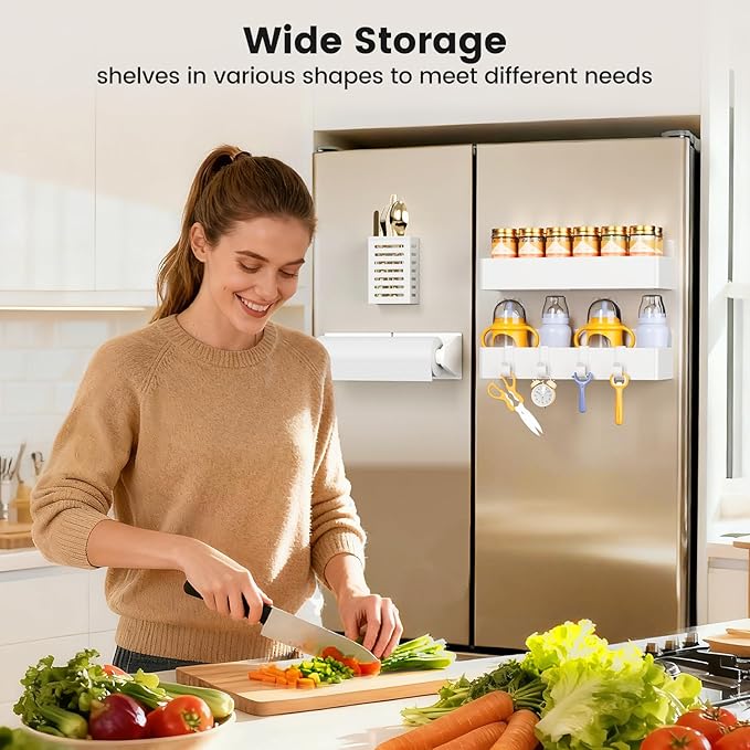 Mystozer Magnetic Spice Rack for Refrigerator,2 Pack Magnetic Shelf and 1Pack Paper Towel Holder and 1 Pack Utensils Rack,Fridge Organizers and Storage White(4 Pack)