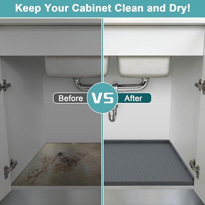Under Sink Mats for Kitchen Waterproof 34" x 22", Silicone Under Kitchen Sink Mats and Protectors for 36" Cabinet, Under Sink Tray Organizer, Shelf Liners Cabinet Liner for Kitchen and Bathroom, Gray