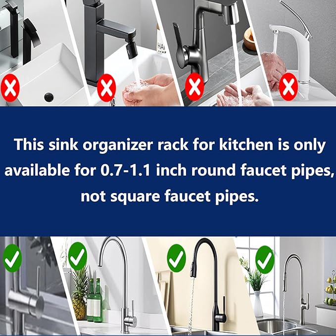 Kitchen Sink Faucet Organizer Multifunction Sponge Holder Organizer Sink Drain Holder Over Faucet Kitchen Sink Caddy with Hook Adjustable for 0.7-1.1inch Round Water Pipe (Silver, S)