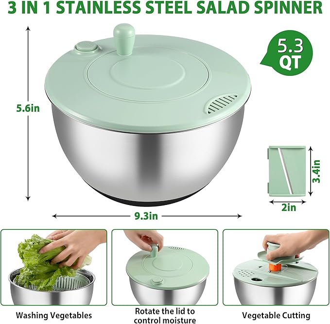 Salad Spinner Stainless Steel, 5.3 Qt Large Vegetables & Fruits Wash Bowl, Lettuce Washer Spinne with 5 Blade Slicer Egg Yolk Strainer, Lettuce Spinner with Stop Button Drain Spout for 2-3 Servings