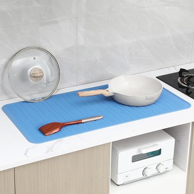 MicoYang Silicone Dish Drying Mat for Multiple Usage,Easy clean,Eco-friendly,Heat-resistant Silicone Mat for Kitchen Counter or Sink,Refrigerator or Drawer Liner Lichen BlueL 5XL 36inches x 18inches