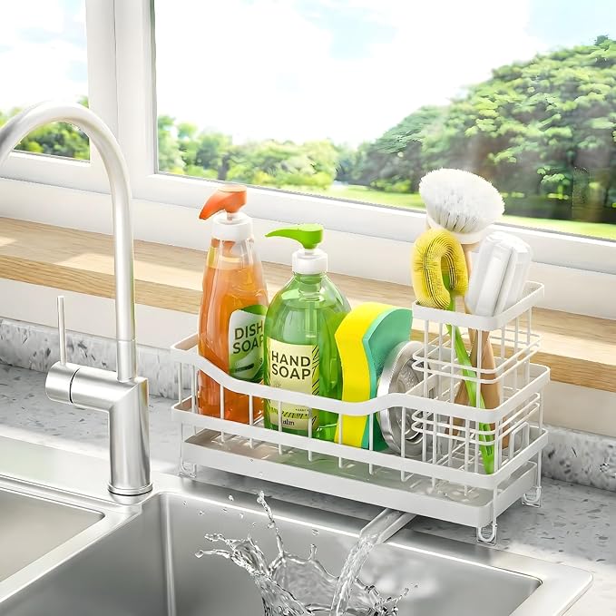 Sponge Holder for Kitchen Sink, Rustproof Sink Caddy Organizer with Dish Brush Holder, Self-Draining Kitchen Sink Organizer Countertop for Soap Dispenser, Scrubber and Sink Storage Essentials, White