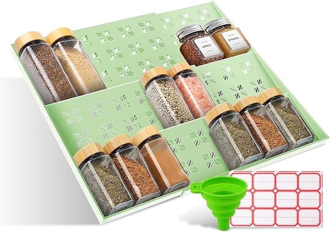 Adjustable 3-Tier Drawer Spice Organizer – Thick Plastic, Non-Slip, Fits 11"-22" Kitchen Drawers, Includes Labels & Funnel (No Jars)