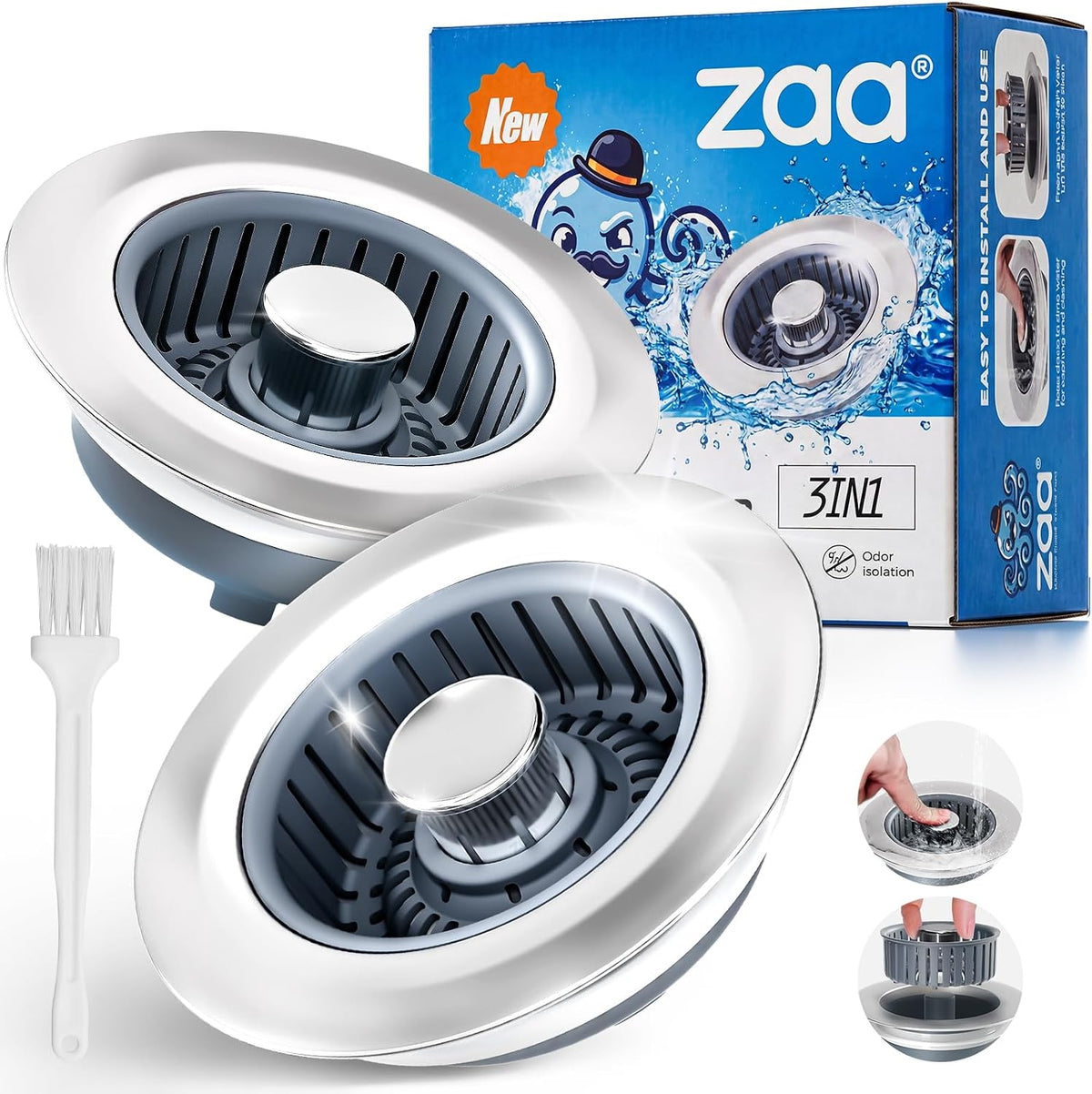 3 in 1 Kitchen Sink Stopper Strainer Basket Pop-Up Removable 2 Pack