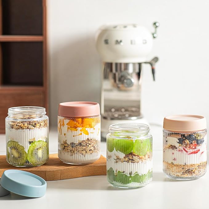 INSETLAN 16oz Glass Overnight Oats Containers with Lids – 6 Pack, Ribbed Glass Mason Jars for Meal Prep, Glass Food Storage Containers for Chia Pudding, Yogurt, Snacks, Fruit & Vegetables, Milk