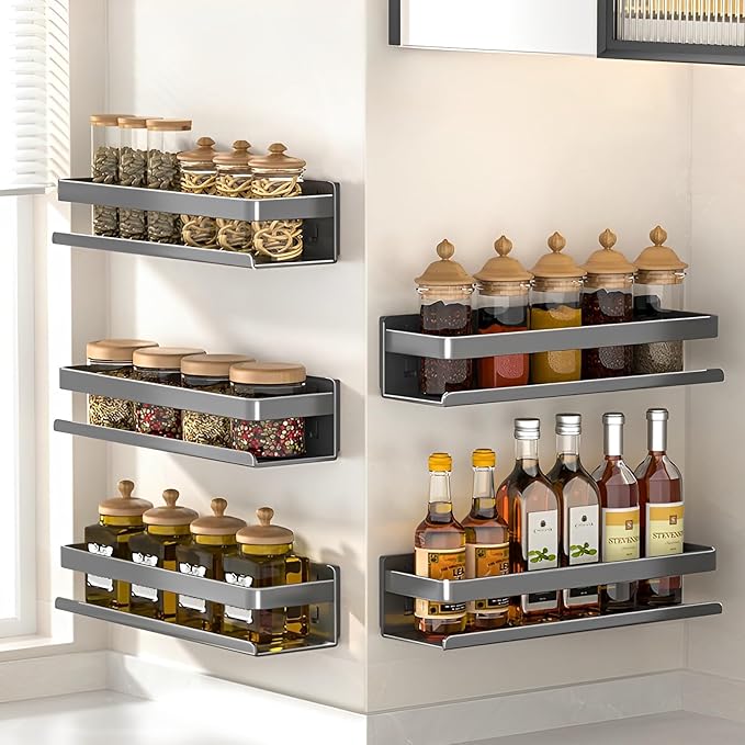 Stainless Steel Wall Mounted Floating Shelves, Drill-Free Adhesive or Screw In, Rustproof Bathroom Organizer & Kitchen Spice Storage Rack, Detachable Metal Display Shelf for Living Room, Gray