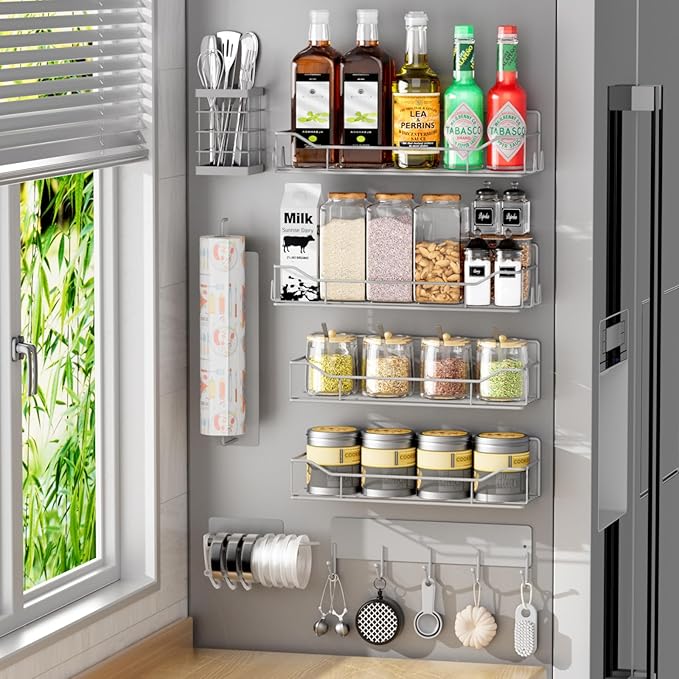 Magnetic Spice Rack for Refrigerator,8 Pack Magnetic Fridge Shelf, Moveable Spice Organizer with Hook Rack, Paper Towel Holder, Utensil Holder,cup lid holder, Super Magnetic Rack Set (Grey)