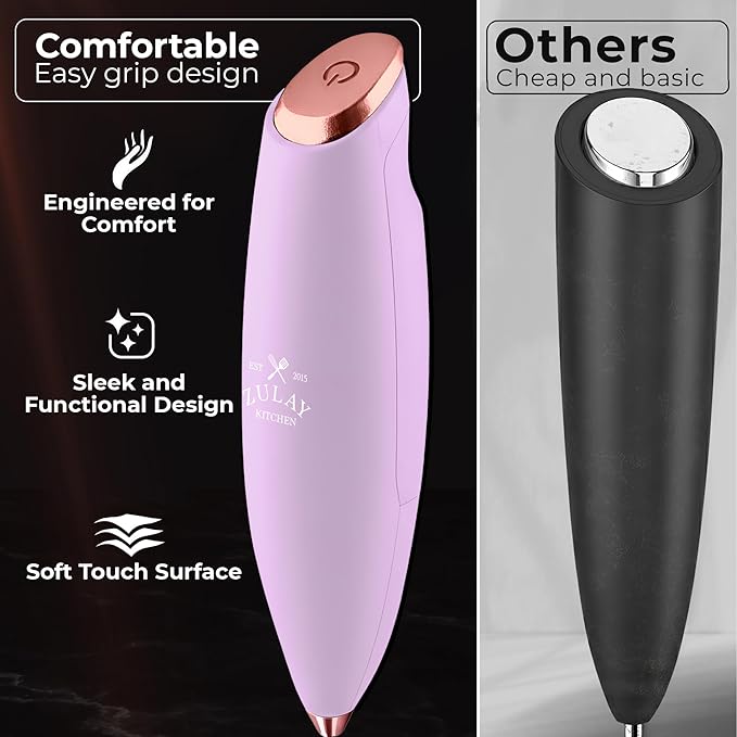 Zulay Kitchen Powerful Milk Frother Wand With Duracell Batteries - Ultra Fast Handheld Drink Mixer - Electric Whisk Foam Maker for Coffee, Lattes, Cappuccino & Matcha - Triple Whisk - Regal Lavender