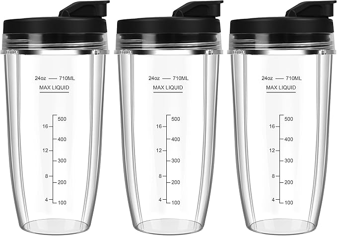 Blender Cups Replacement for Ninja, 24oz Ninja Blender Cups with To-Go Lids Compatible with Ninja BN401, BL450, BL456, BL480, BL2012, BL2013, BN751, BN801, SS101, SS151 (3 Pack)