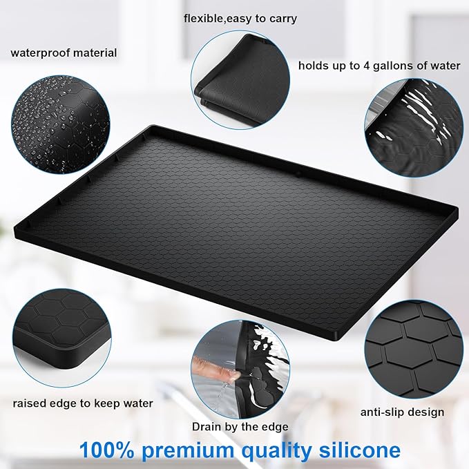 Under Sink Mat - 37" x 22" Waterproof Kitchen Cabinet Mat - Flexible Silicone Under Sink Liner - Kitchen Bathroom Cabinet Mat and Protector for Drips Leaks Spills (Black)