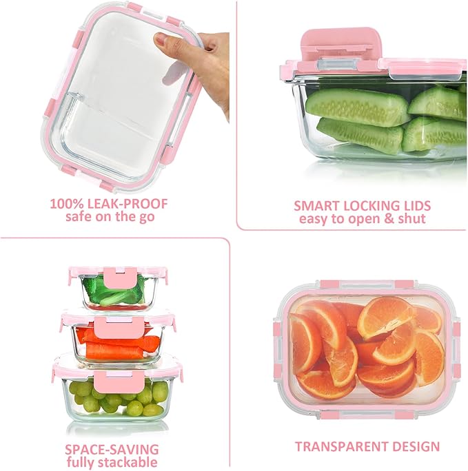 KOMUEE 24 Pieces Glass Food Storage Containers Set, Meal Prep Containers, BPA-Free Airtight Glass Storage Containers with lids,Freezer, Microwave and Oven Safe,Pink