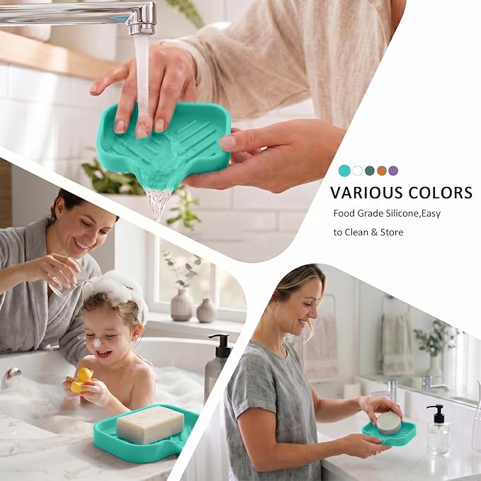 MicoYang Silicone Soap Dish with Drain Spout, Self-Draining Sink Organizer Tray for Bathroom and Kitchen, Sponges, Dispensers and Soap Holder, Non-Slip and Dishwasher Safe, Mint (Compact, 4.9"×3.2")
