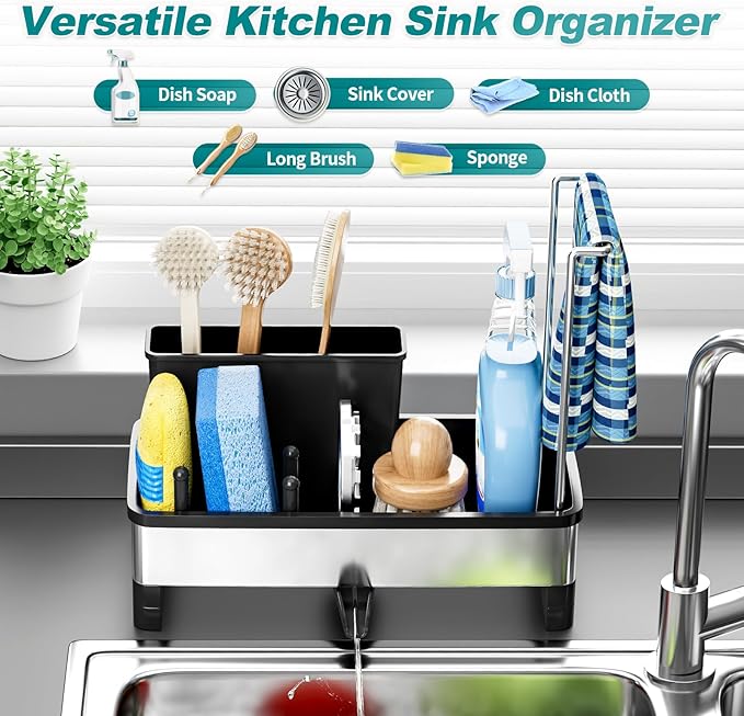 Ewaiira Stainless Steel Sink Caddy, Sponge Holder for Kitchen Sink with Brush Holder and Towel Rack, Sink Organizer for Countertop, Soap Dispenser Kitchen Organizers Storage Essentials (A-Black)