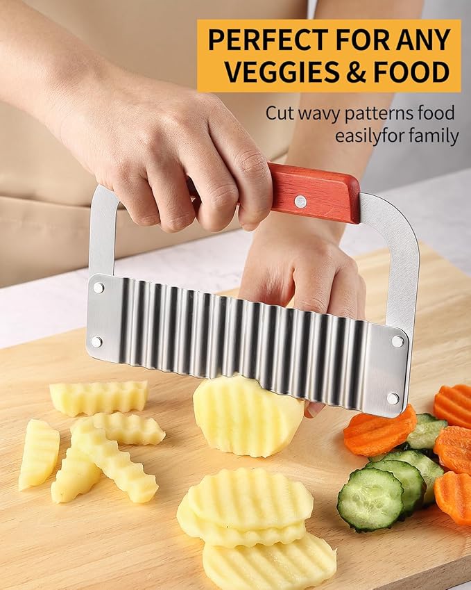 Crinkle Cutter Stainless Steel Potato Slicer Heavy Duty Wavy Crinkle Cutting Chopping Tools with Wooden Handle for Carrot Veggies