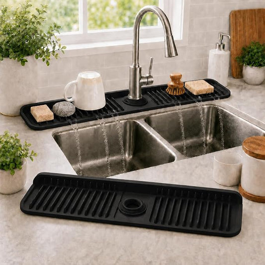 24" Silicone Faucet Mat for Kitchen Sink,7° Draining Mat with Snap Button Lock,Faucet Splash Guard and Sink Counter Organizer,Trim-to-Fit Kitchen Faucet Protector for Sponge Brush Cup