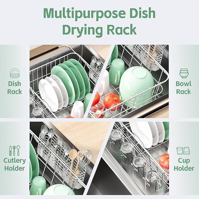 Fanbsy Dish Drying Rack in Sink, Extendable Stainless Steel Dish Drainers for Kitchen Counter, Anti-Rust Dish Dryer Rack with Utensil & Cup Holders, for Inside Sink, Over The Sink