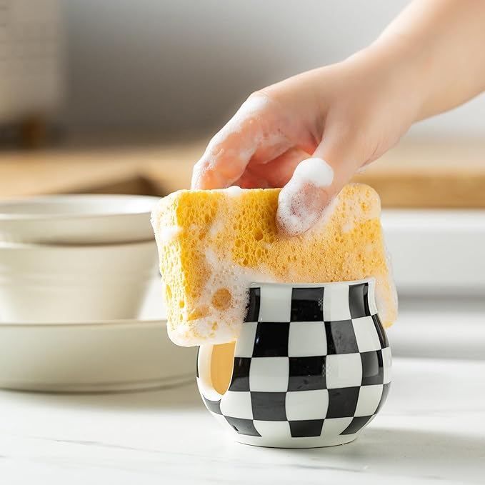 Zoeeker Checkered Sponge Holder for Kitchen Sink, Ceramic Dish Sponge Dish Rack Scrubby Holder Kitchen Organizer Cute Sink Caddy Organizer, Farmhouse Decor, Black and White