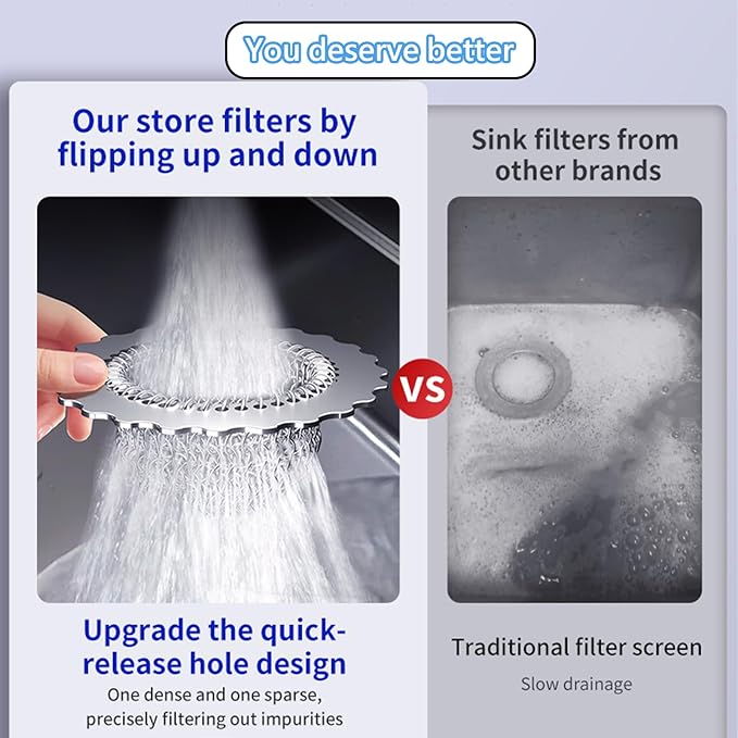 Kitchen Sink Drain Strainer, Patented 304 Stainless Steel Reversible Mesh Strainer with Flexible Chain, Handcrafted Anti-Clog Garbage Disposal Tool, Easy to Clean - 2 Pack