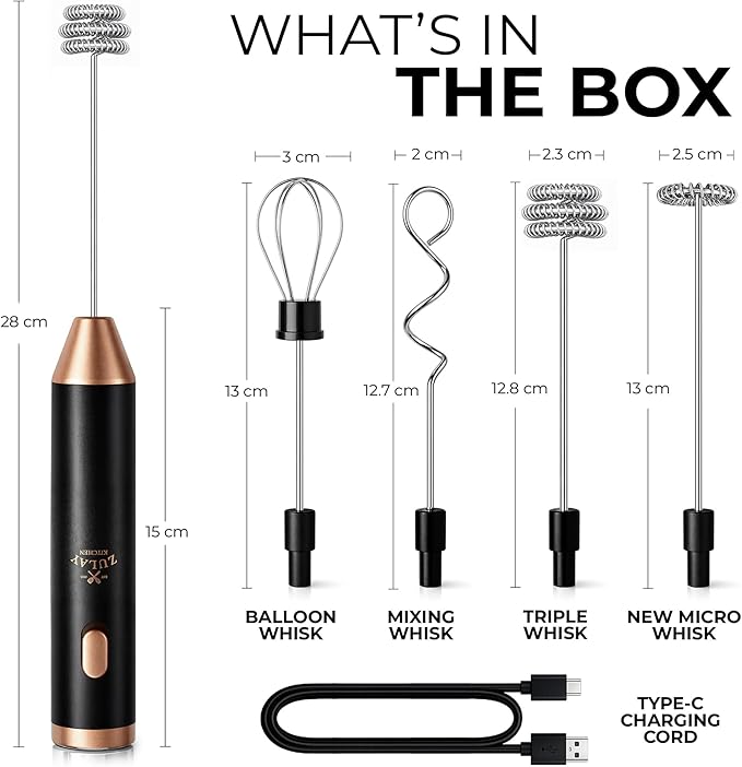 Zulay Kitchen Rechargeable Milk Frother Handheld - Frother Wand, Drink Mixer, Electric Whisk Frother, for Cappuccinos, Matcha & Protein Powder - Ultra Metal 3 Whisk, 1800mAh Black Copper