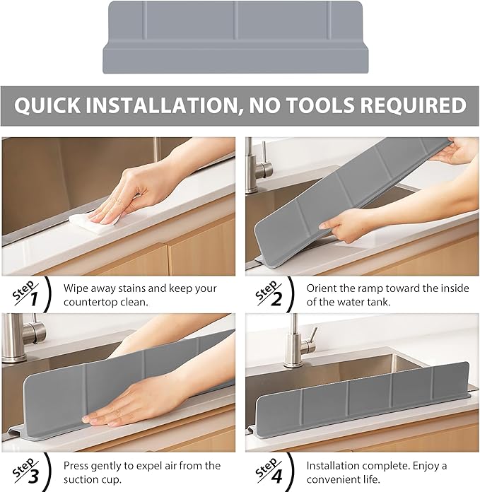 18Inch Sink Splash Guard – Extended Length & Tall Silicone Kitchen Sink Splash Guard with Overhang Drainage Design & Strong Suction Cups for Countertop(Dark Grey, 18''x3.5'')