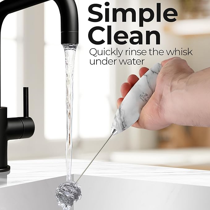 Zulay Kitchen Powerful Milk Frother Wand With Duracell Batteries - Ultra Fast Handheld Drink Mixer - Electric Whisk Foam Maker for Coffee, Lattes, Cappuccino & Matcha - Triple Whisk - Onyx Marble
