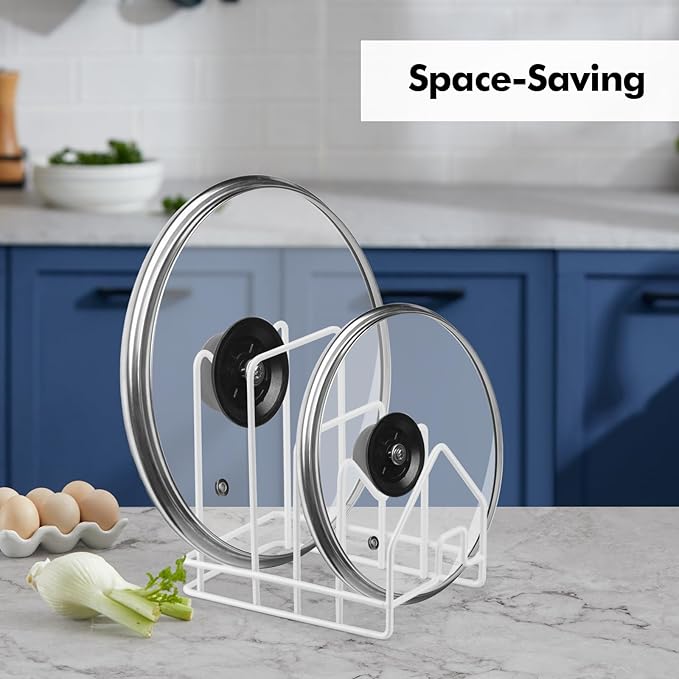 Poeland Kitchen Pot Lid Organizer, Pan Rack with 4 Compartments, Pantry Organizer Rack for Dinnerware, Bakeware, Cookware, Cutting Boards, Pan Lids (Small Size, White)