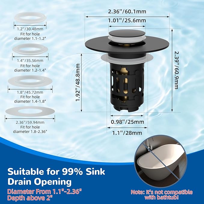 Hibbent 3 Pack 3 in 1 Bathroom Sink Drain Strainer, Universal Pop Up Stopper, Removable Stainless Steel Filter Basket Hair Catcher, Sink Plug for 1.1''~2.36'' Basin, Brass Bullet Core, Matte Black