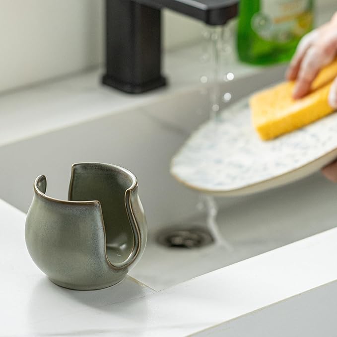 Zoeeker Sponge Holder for Kitchen Sink, Ceramic Dish Sponge Caddy Drying Rack Farmhouse Brush Holder Scrubby Organizer for Bathroom, Kitchen, Dark Green