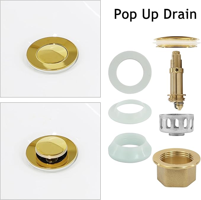 Bathroom Sink Drain,Drain Stopper Gold Stainless Steel Bathroom Sink with Overflow,Small Cap Pop Up Drain Assembly with Detachable Strainer Basket,Built-in Anti-Clogging