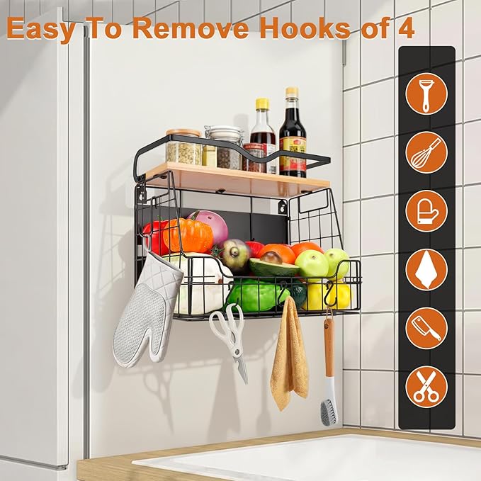 Livabber Magnetic Fridge Organizer Basket with Wood Shelf, Large Fruit Vegetable Storage Bin, Spices Snacks Condiments Rack for Kitchen Pantry, Laundry Room, Office, Magnetic or Wall Mount (Black)