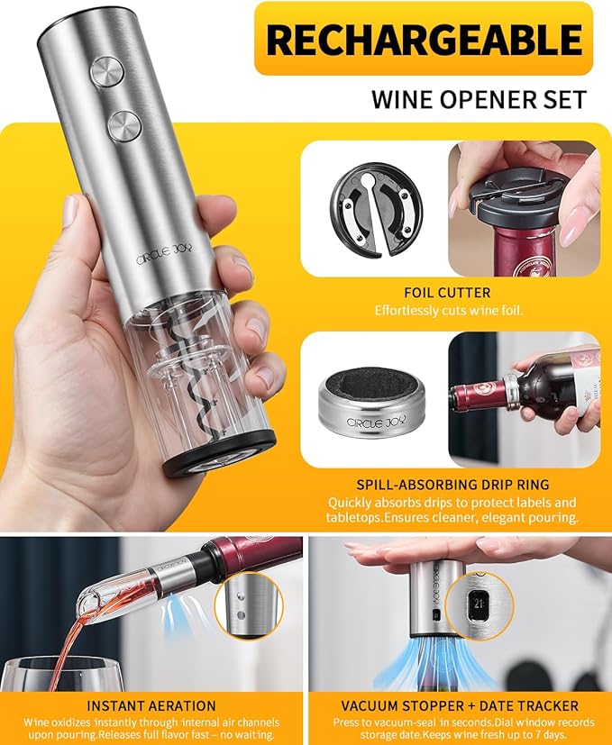 CIRCLE JOY Electric Wine Opener Rechargeable 5-in-1 Stainless Steel Wine Gift Set with Foil Cutter, Wine Aerator Pourer, Wine Drip Ring & Vacuum Stopper, Ideal Gifts for Wine Lovers, Silver