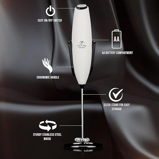 Zulay Kitchen Powerful Milk Frother Wand With Duracell Batteries - Ultra Fast Handheld Drink Mixer - Electric Whisk Foam Maker for Coffee, Lattes, Cappuccino & Matcha - Z1 Motor - Exec White & Black