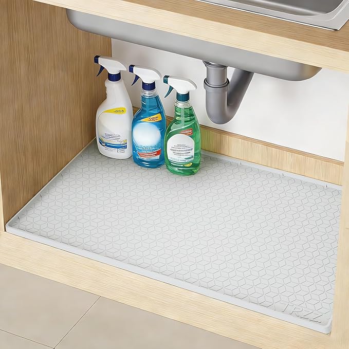TRZZ Silicone Waterproof Under Sink Mat 31" x 22", Drip Tray and Cabinet Liner for Kitchen and Bathroom, Prevents Water Damage and Organizes Cabinets (Light Grey)