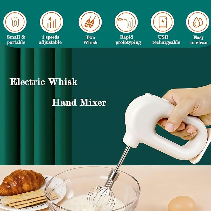 Colorful Mini Cordless Hand Mixer, Self-Standing USB Rechargeable Handheld Egg Beater with 4 Speeds & 2 Whisks, Lightweight Portable Electric Whisk for Kitchen Baking and Cooking(Green)
