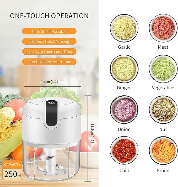 Electric Mini Garlic Chopper,Food Processor,Portable Cordless Garlic Mincer Masher,Meat Grinder with USB Charging For Vegetable,Chili,Fruits,Ginger,Baby Food,Seasoning 250ml(White)