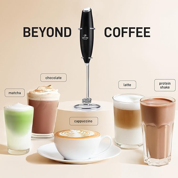 Zulay Kitchen Powerful Milk Frother Wand With Duracell Batteries - Ultra Fast Handheld Drink Mixer - Electric Whisk Foam Maker for Coffee, Lattes, Cappuccino & Matcha - Double Whisk - Alpha Black