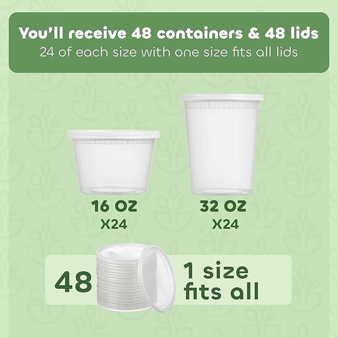 JoyServe 48 Sets Deli Containers with Lids – 16oz & 32oz – Leak Proof, Microwaveable, Dishwasher & Freezer Safe – Plastic Food Storage & Soup Containers